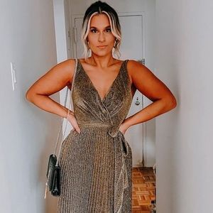 Gold pleated formal, party, wedding guest, prom gown, maxi long dress